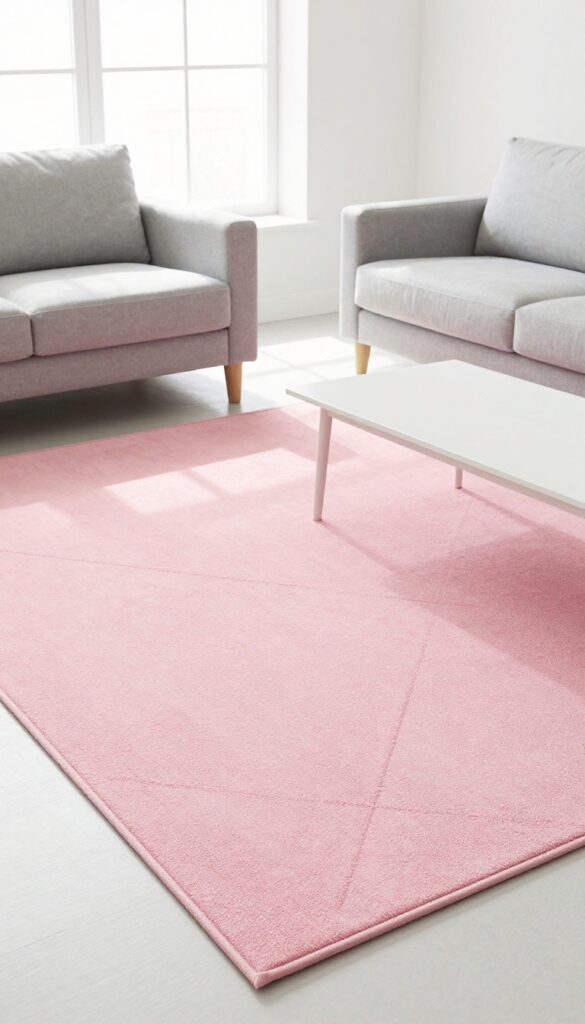 Modern living room with pastel pink rug under sofa and coffee table