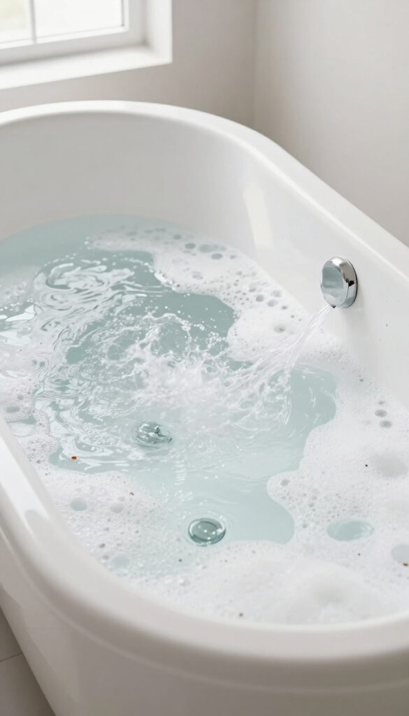 Jetted bathtub with jets running, soapy water and bubbles, natural light, clean bathroom setting.