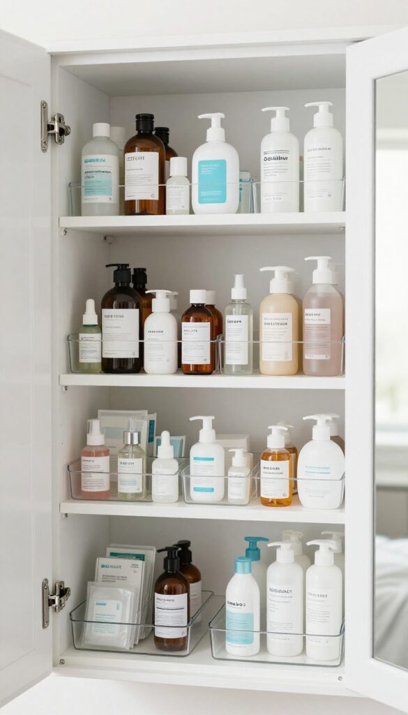 Organized medicine cabinet with clear bins and neatly arranged toiletries