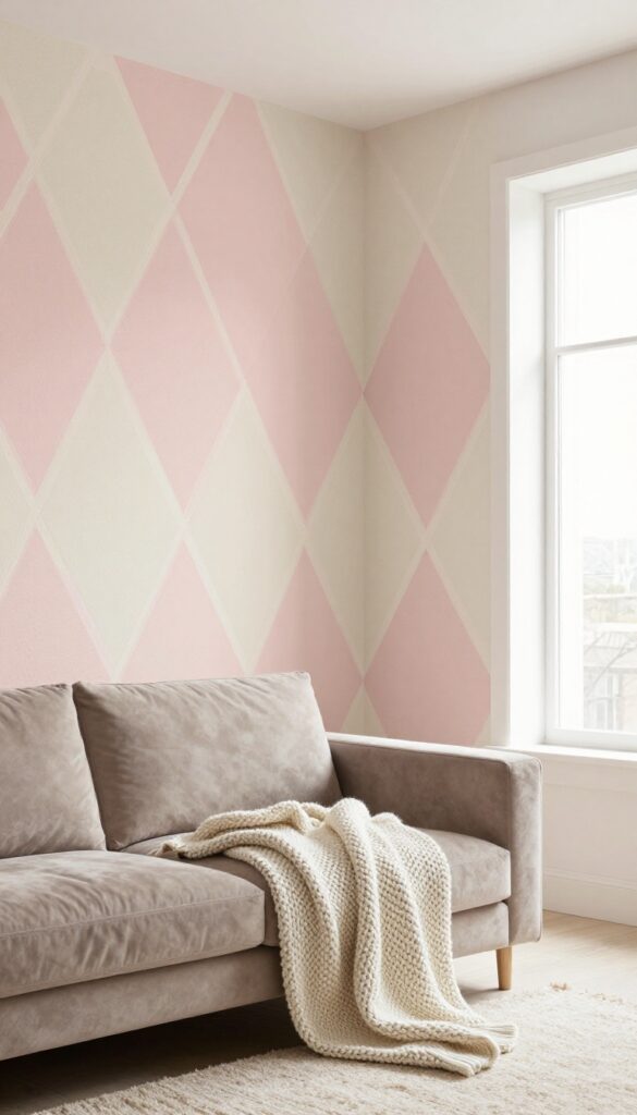 Cozy living room with geometric diamond pattern wall in blush and cream, featuring velvet sofa and chunky knit throw