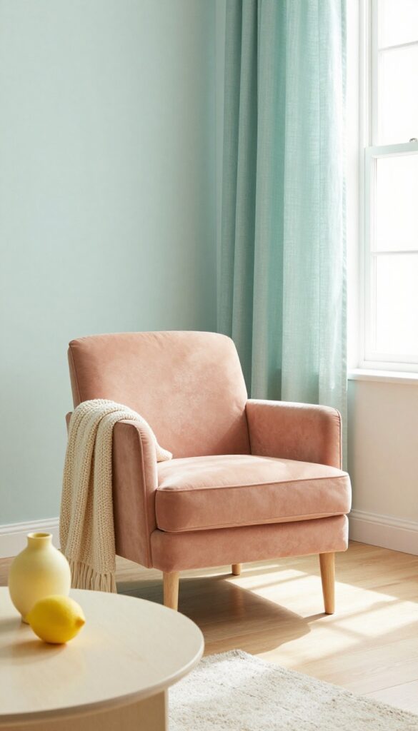 Cozy living room with pastel mint walls, peach armchair, and yellow accents in natural light