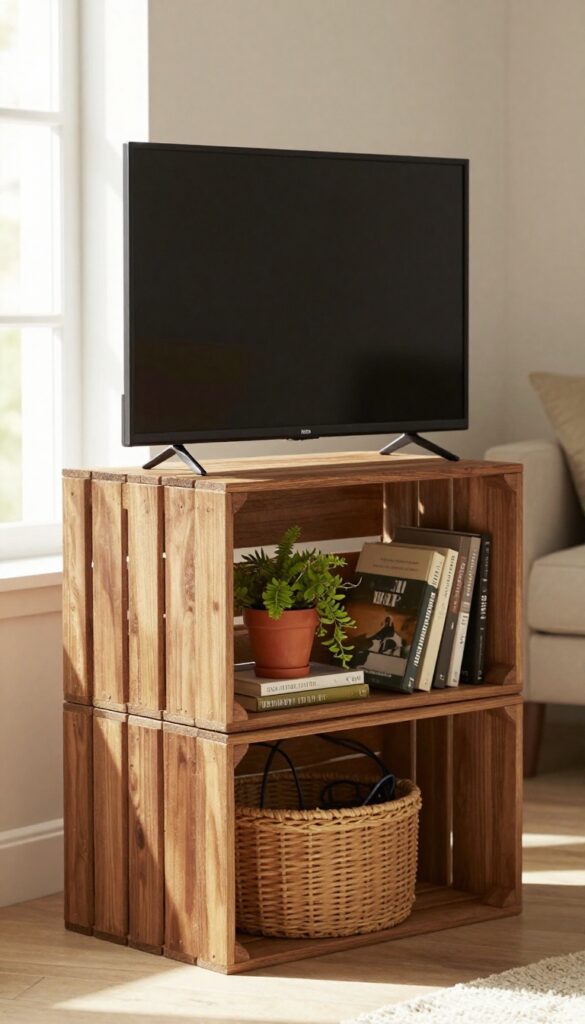 Rustic DIY crate TV stand in a living room corner with books, plant, and woven basket, natural light.