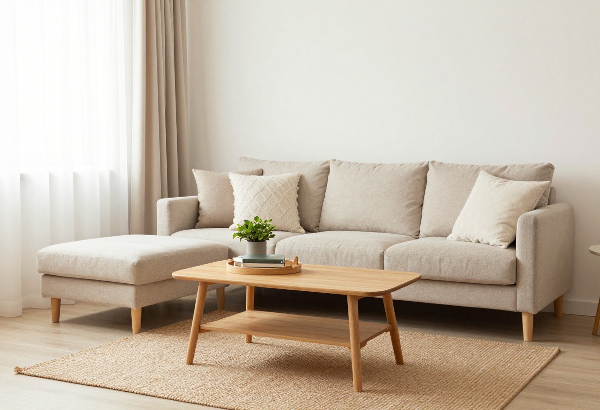Cozy living room with neutral decor, layered pillows, jute rug, and warm lighting