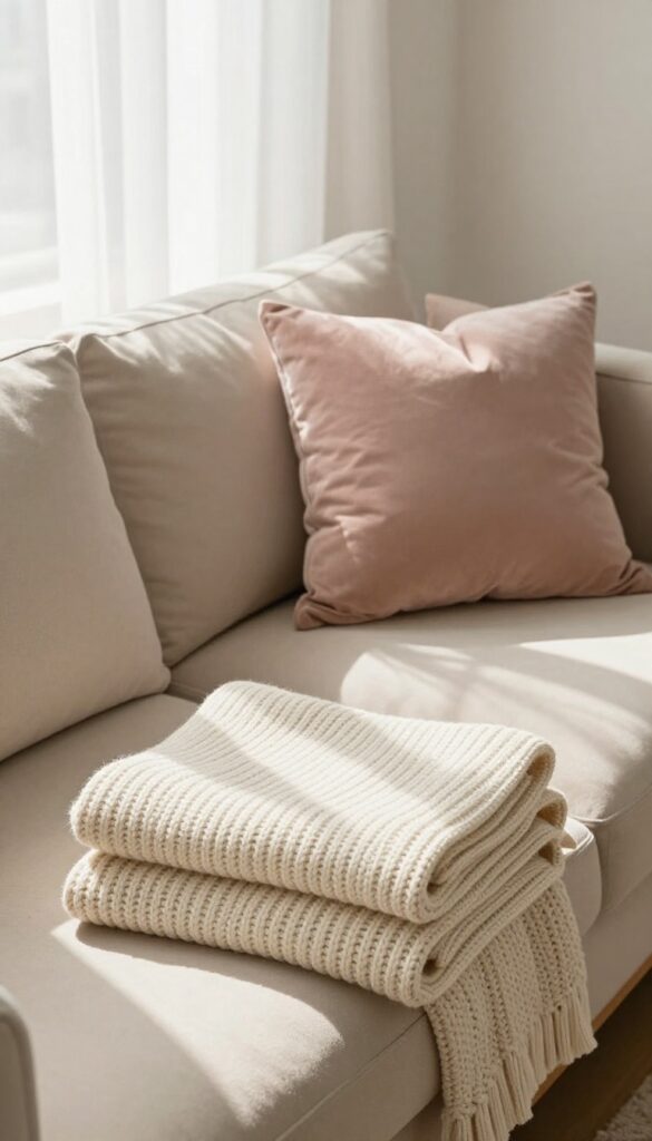 Cozy living room setup with throw blankets and pillows on sofa, natural light, inviting atmosphere