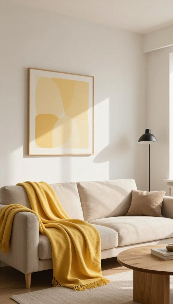 Small living room with neutral base and butter yellow accents, featuring a taupe sofa, yellow throw, abstract art, natural light, and wood tones.