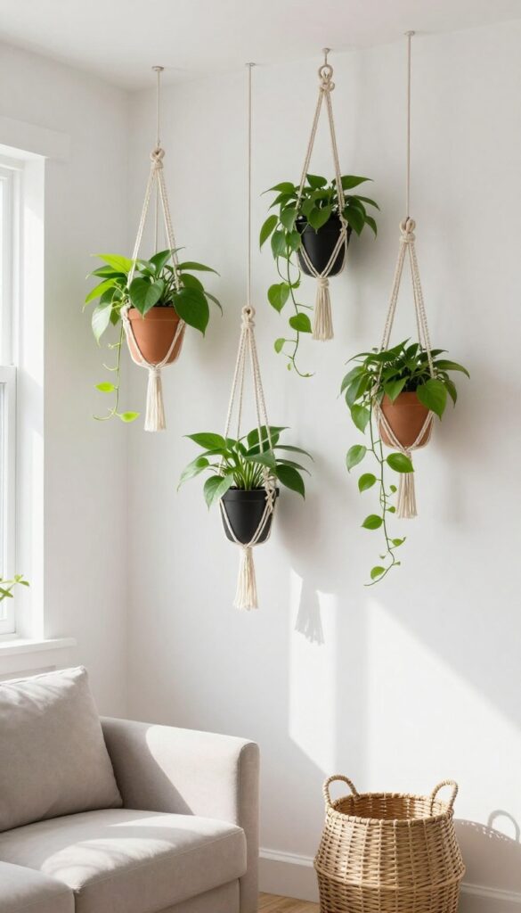 Hanging plant wall with macrame holders and trailing pothos in a bright living room