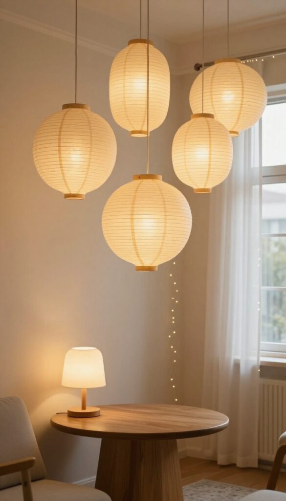 Cozy living room with warm diffused lighting from paper lanterns, table lamp, and string lights
