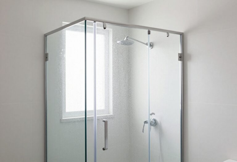 Sparkling clean shower glass door with water beads