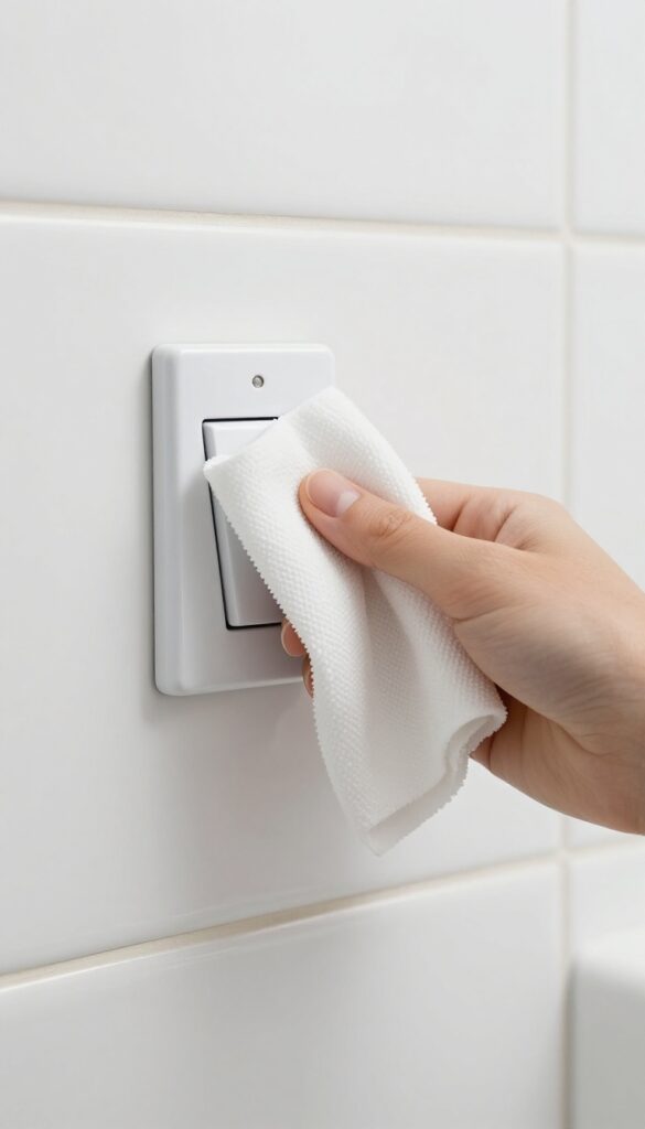 Disinfecting bathroom light switch and cabinet handle with a wipe