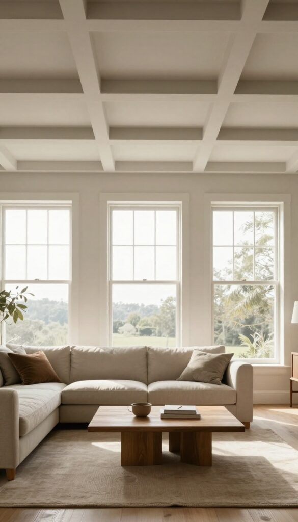 Living room with coffered ceiling, warm natural light, and comfortable furniture