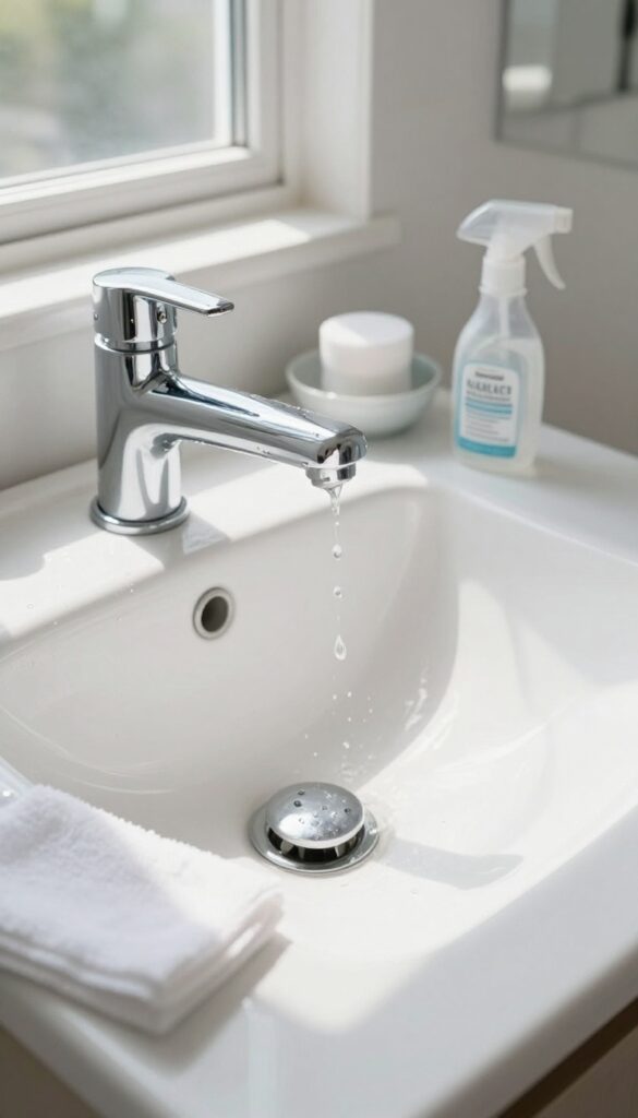 Sparkling clean bathroom sink and faucet with cleaning supplies