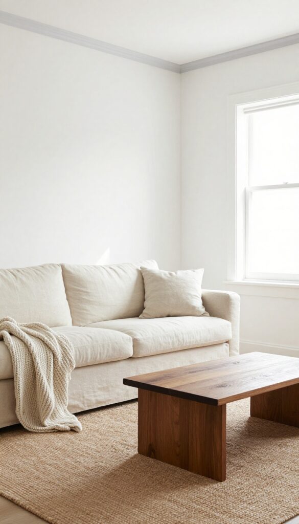 Light and airy tiny living room with white walls, linen sofa, jute rug, and dark wood coffee table, natural light streaming in.