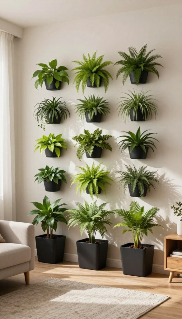 Vertical garden living wall with low-maintenance plants in a modern living room