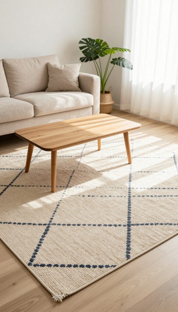 Layered rugs in a bright living room with jute base and patterned top rug