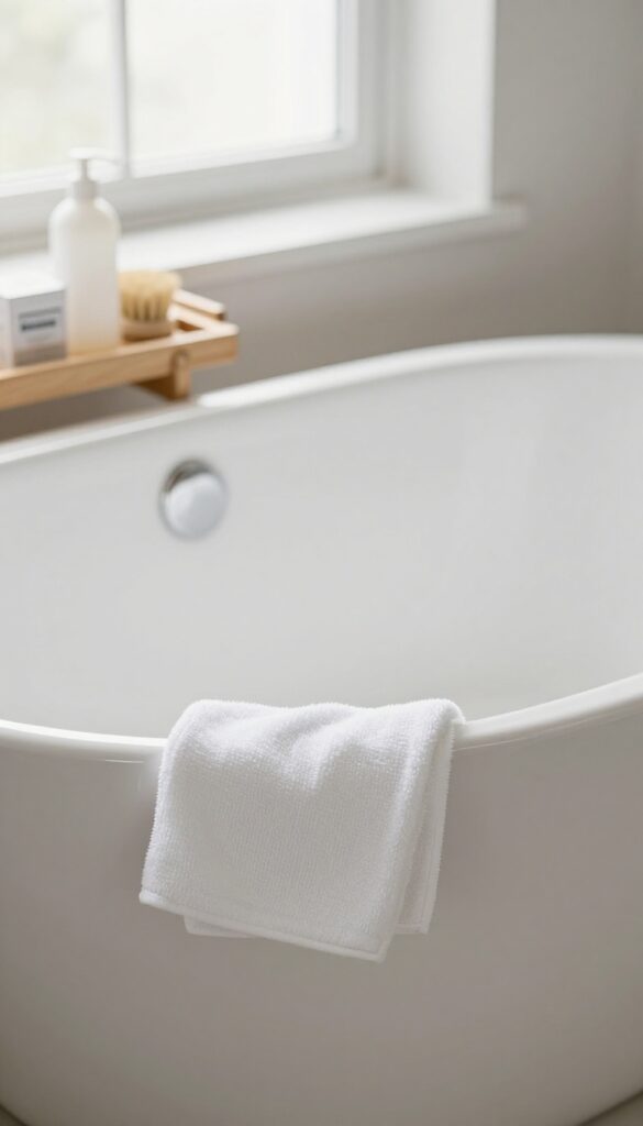 Clean jetted bathtub with cleaning supplies nearby, bright natural light, minimalist bathroom