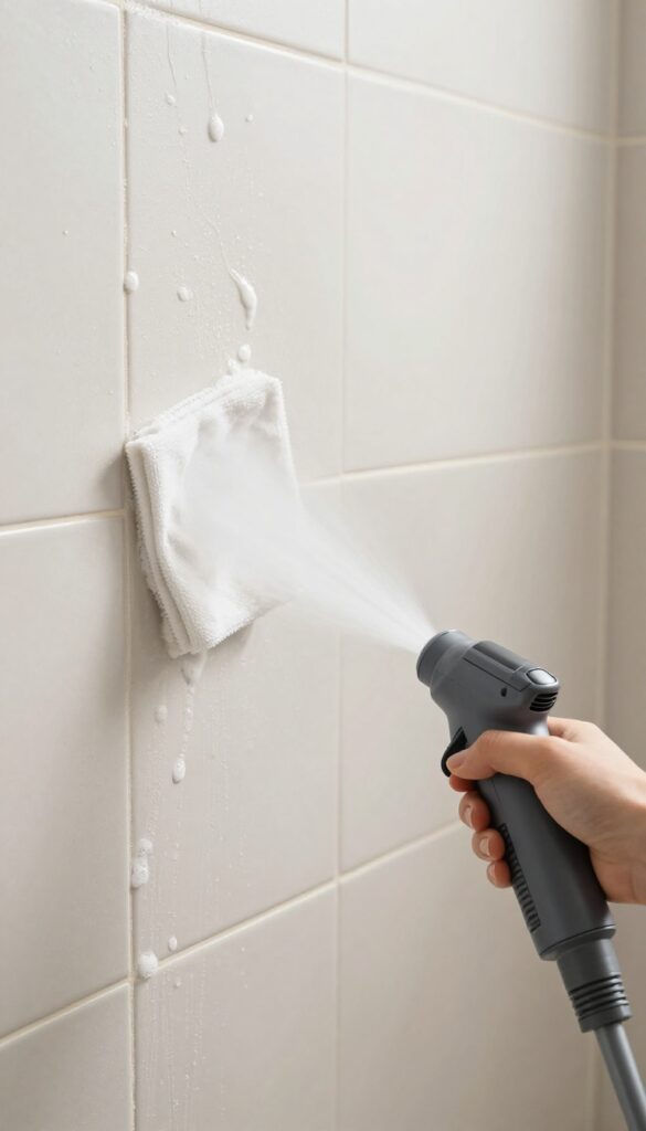 Handheld steam cleaner removing soap scum from shower tiles