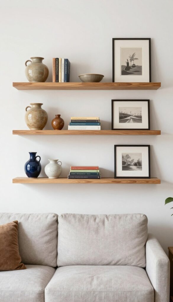 Vintage living room with open shelving displaying curated ceramics, books, and art in earth tones and blues.