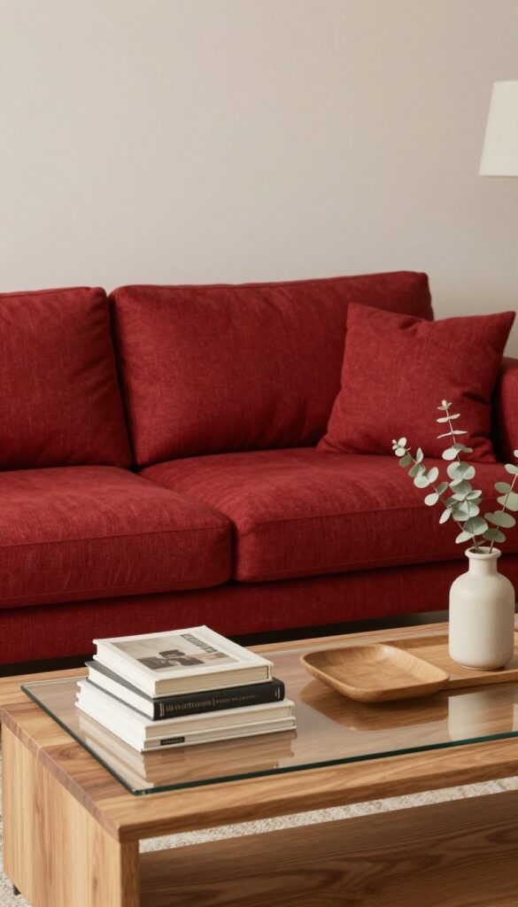 Minimal coffee table styling in a living room with a red couch