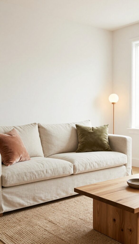 Cozy living room with creamy off-white walls, linen sofa, chunky knit blanket, jute rug, wooden coffee table, and warm lighting.