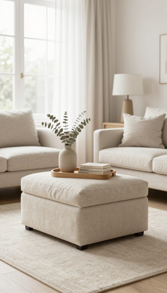 Storage ottoman in a bright living room with tray and decor on top
