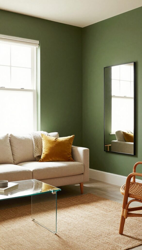 Small living room with deep olive green walls, cream sofa, mustard pillow, jute rug, and warm natural light.