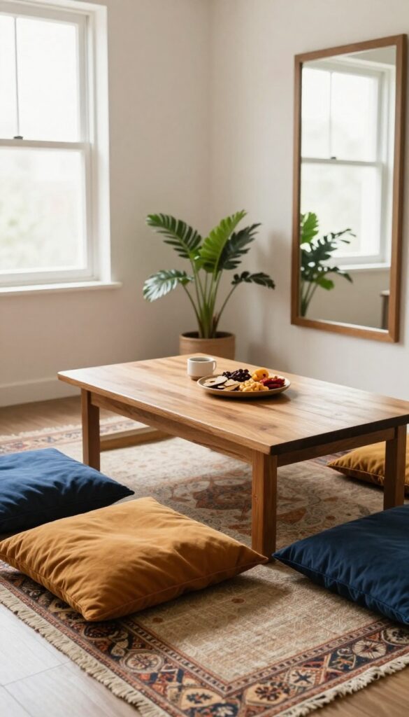 Low seating area with floor cushions and wooden table in Indian living room
