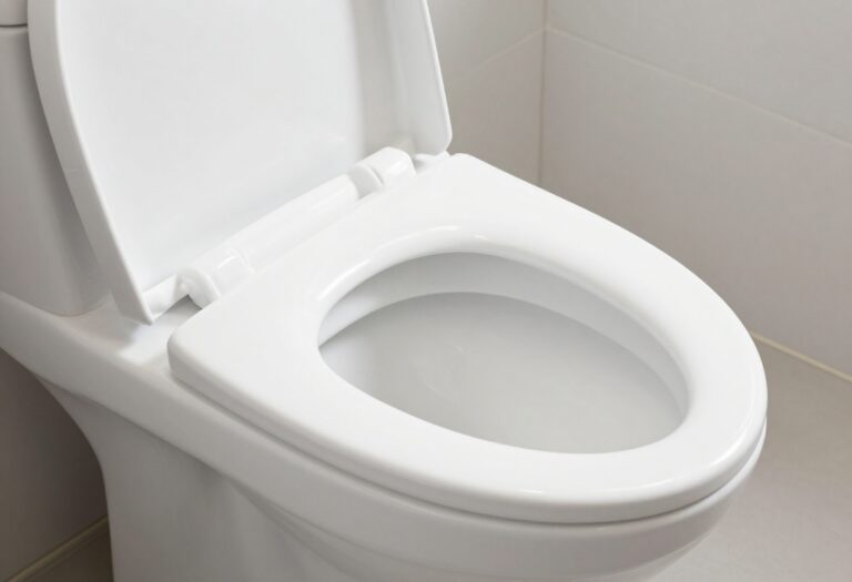 A clean white toilet bowl in a bright bathroom, showing no stains or marks.