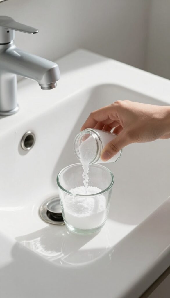 Pouring baking soda into a bathroom sink drain for deodorizing