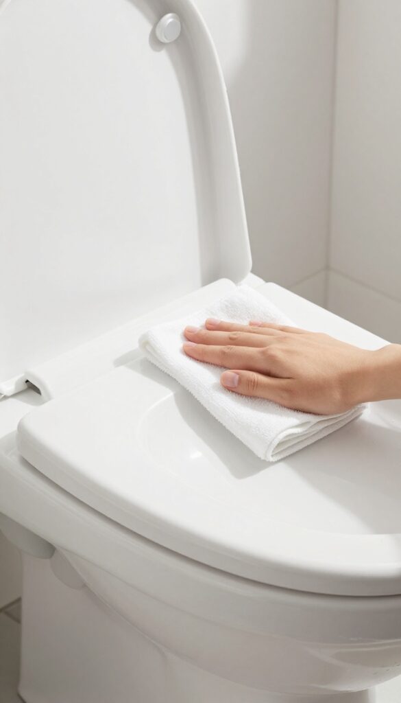 Cleaning the exterior of a white toilet with a microfiber cloth, focusing on the flush handle and tank.