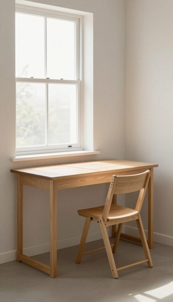 Wall-mounted desk folded down in a small living room corner by a window, with a slim chair underneath, natural light, clean and airy look.