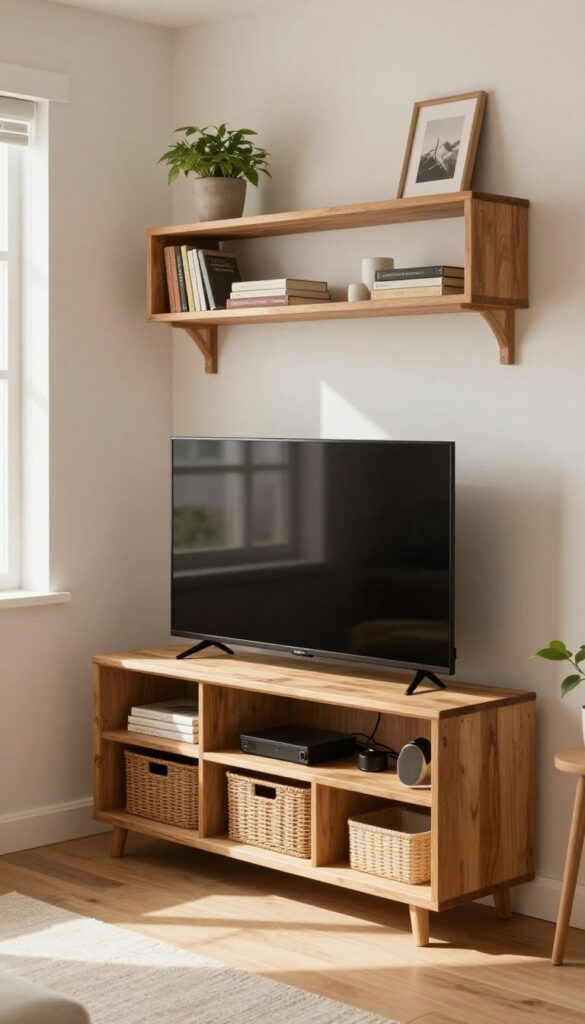 Repurposed bookshelf TV stand in a cozy living room corner with books, plant, and baskets.