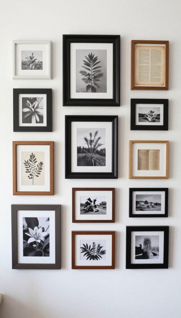 A gallery wall with thrifted frames in various sizes and colors, filled with black-and-white photos and art prints, arranged on a white living room wall.