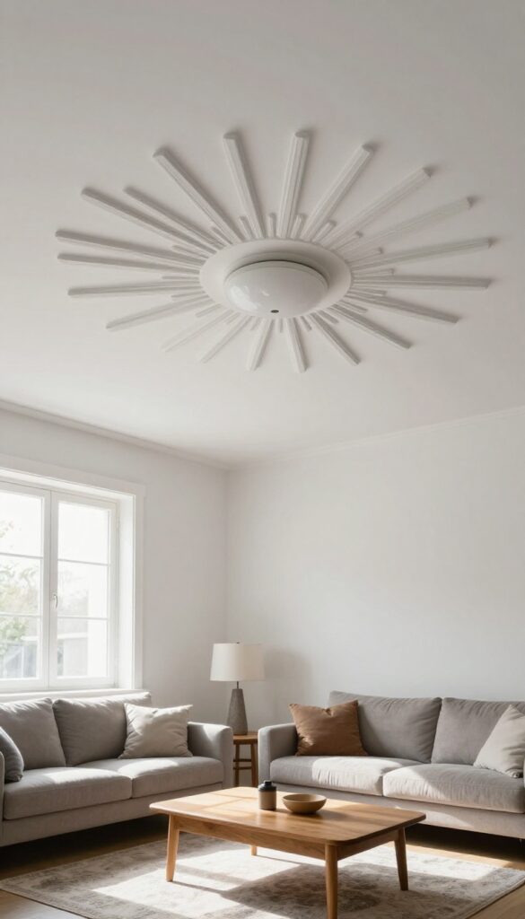 Close-up of a stenciled ceiling pattern in a bright living room