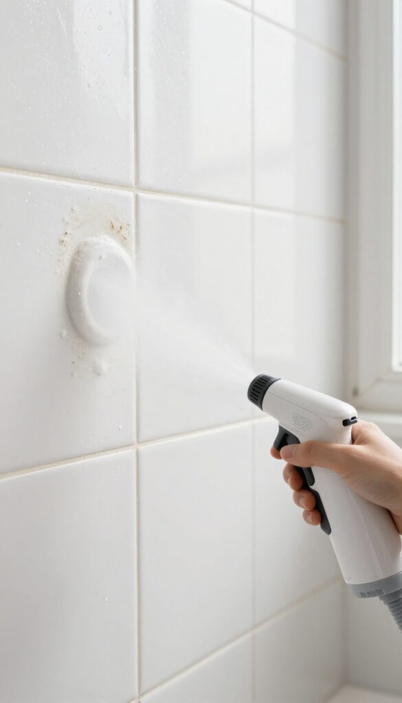 Handheld steam cleaner cleaning shower tiles with steam