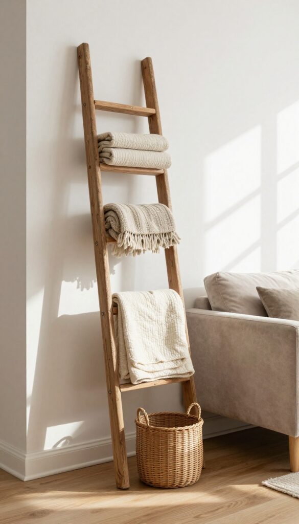 A wooden ladder repurposed as a blanket rack in a cozy living room corner, holding folded quilts and a woven basket.