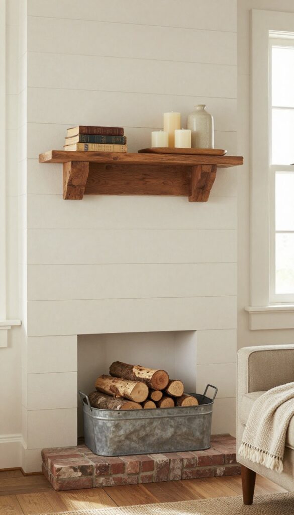 Faux fireplace with salvaged wood mantel, birch logs in metal basket, candles, and vintage books in a cozy living room