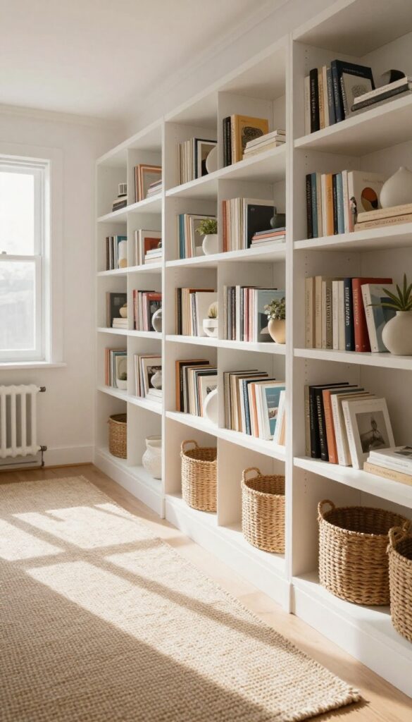 Living room with built-in shelves and a narrow carpet runner creating a cozy walkway