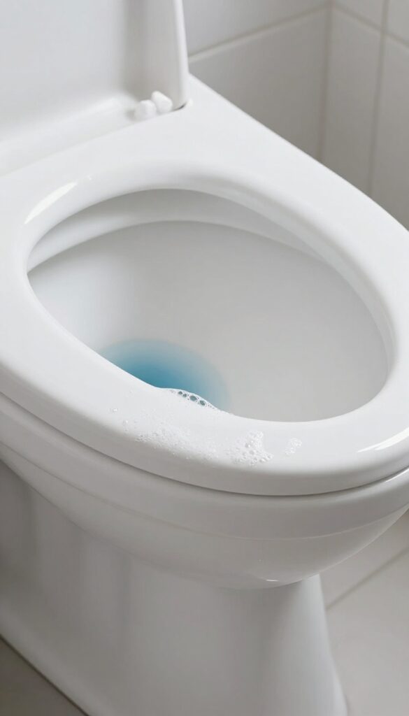 Close-up of a toilet bowl with blue bleach cleaner under the rim, bright natural light, clean bathroom setting
