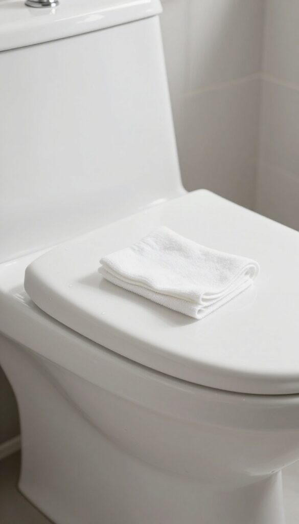 Cleaning toilet exterior with microfiber cloth