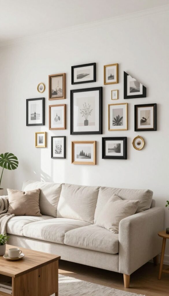 Asymmetrical cluster of mixed-size picture frames in black, wood, and brass above a neutral sofa in a bright living room