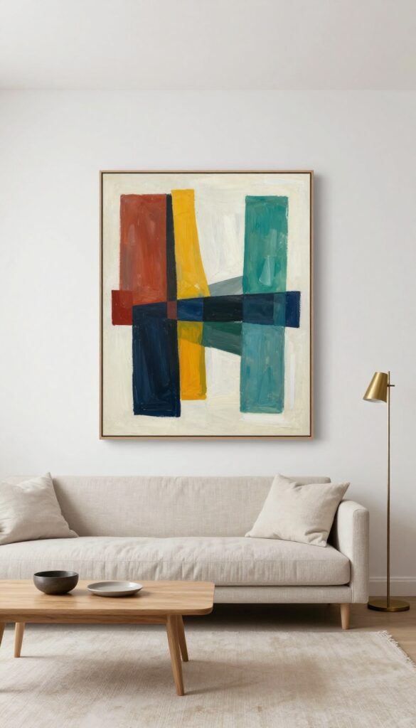 Modern living room with a single oversized abstract painting as statement piece, minimal decor, bright natural light
