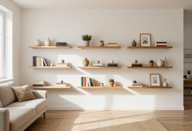 Cozy living room with wooden wall shelves displaying small decor items like books, a vase, a framed print, and a succulent in natural light.