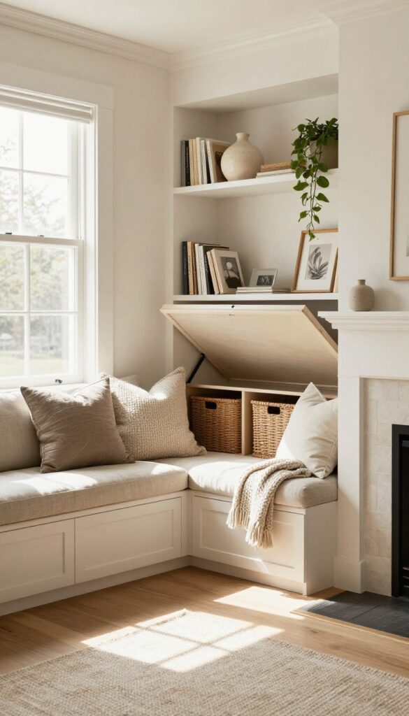 Cozy living room corner with L-shaped built-in bench and open shelves around a fireplace, showing storage and styled decor.