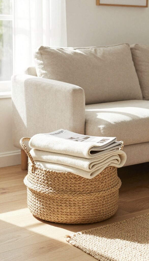 Woven seagrass basket beside a sofa holding a throw blanket and magazines in a bright living room