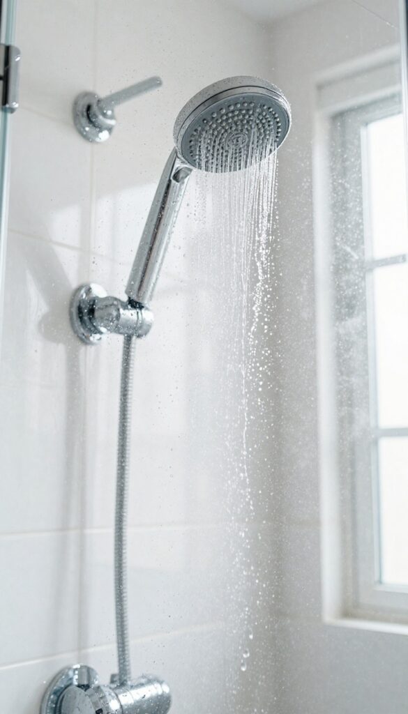 Rinsing shower glass door with warm water from handheld showerhead, bright natural light, clean and streak-free glass