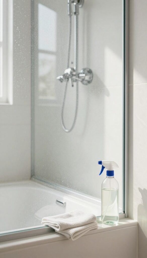 Sparkling clean glass shower door with cleaning supplies in a bright bathroom