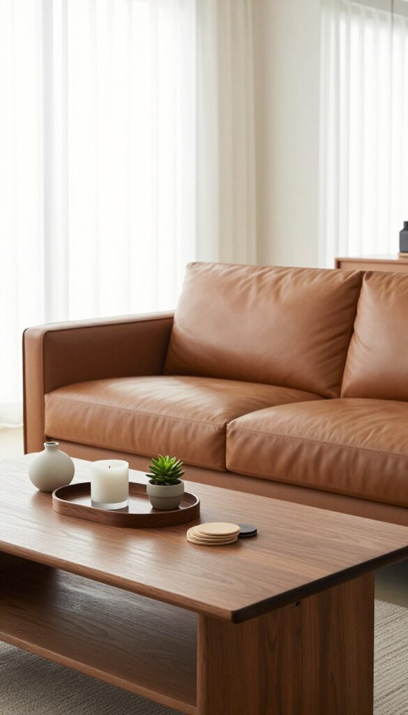 Coffee table tray with candle, plant, and coasters in front of a leather sofa