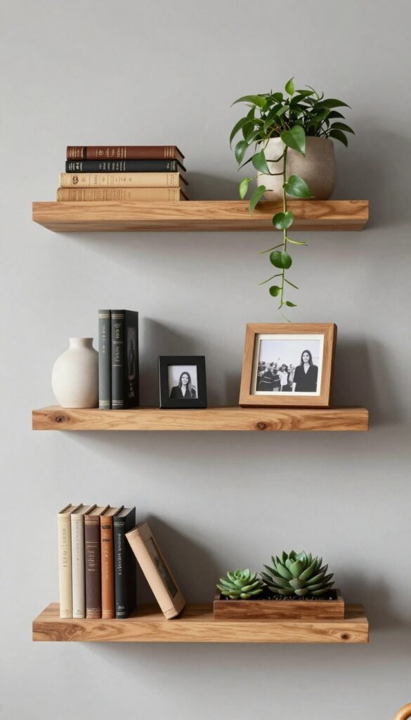 Open floating shelves with curated decor in a baddie living room, featuring books, plants, and ceramics on warm oak shelves against a neutral wall.