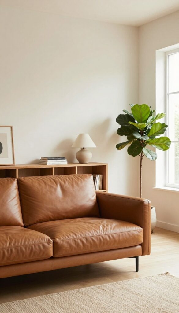 Cognac leather sofa floating away from wall with console table and plant in bright living room