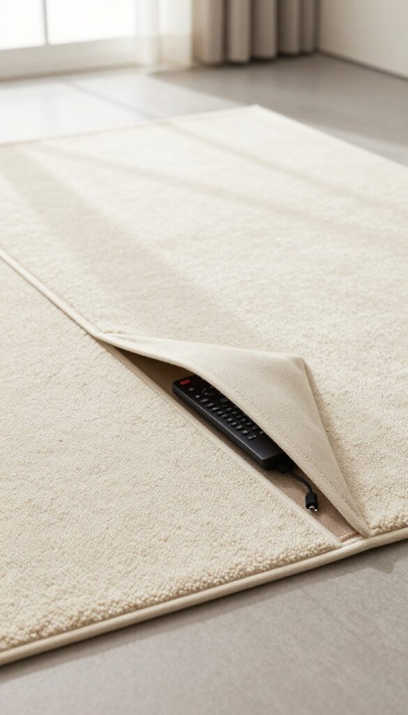 Close-up of a cream shag rug with a storage pocket underneath, holding a remote and cable, in a sunny living room.